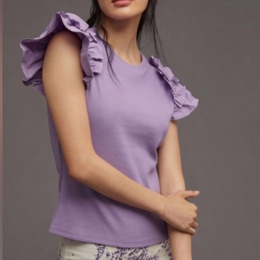 Anthropologie Lavender Purple Ribbed Ruffle Sleeve Blouse Womens Size Large